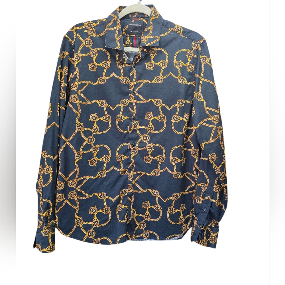 Denim & Flower Ricky Singh Large Navy Gold Baroque Chain Print Shirt Button Down